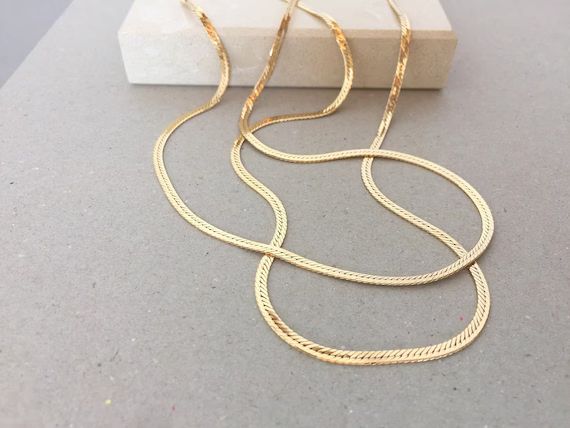 Gold Chain Necklace, 2.4mm Herringbone Chain, Shiny Simple Necklace, Thin Plain Chain, 16" 18" 20... | Etsy (US)