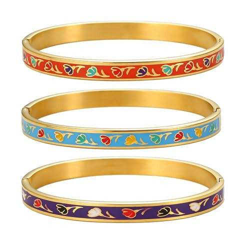 Enamel Bangle Bracelets for Women, 3Pcs 18K Gold Plated Stainless Steel Stackable Bangles, Colorful Floral Cloisonne Inspired Bracelets, Waterproof Non Tarnish Jewelry Gifts for Women | Amazon (US)