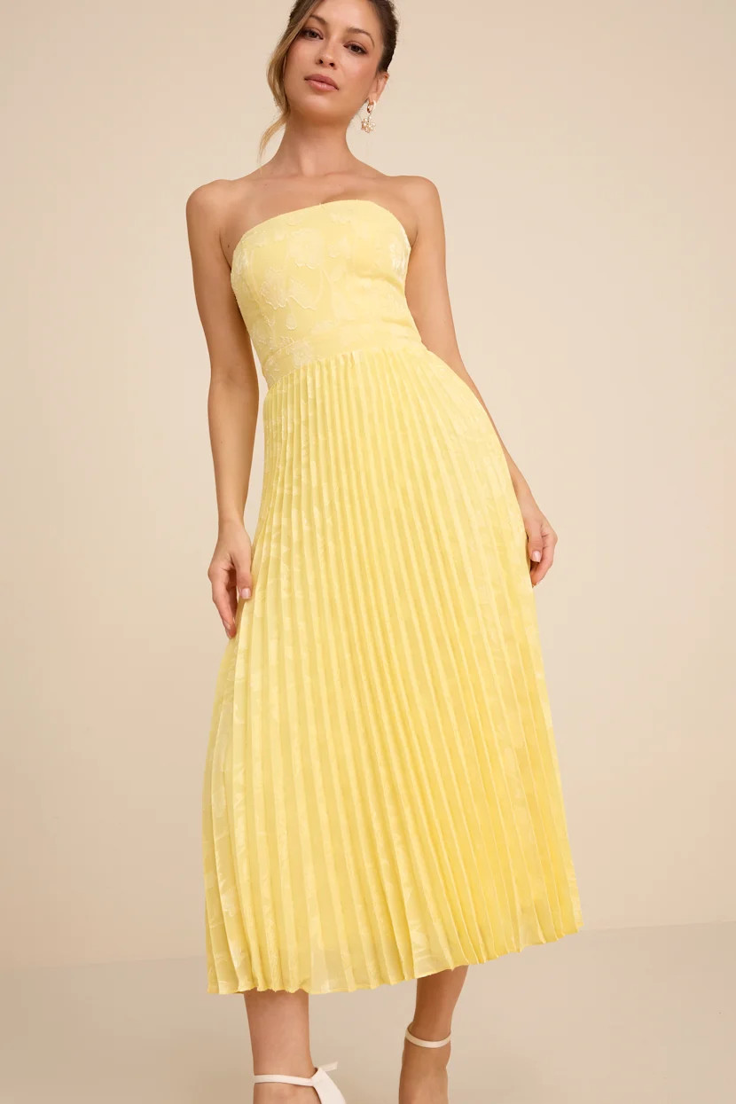 Perfectly Stunning Yellow Jacquard Strapless Midi Dress | Lulus