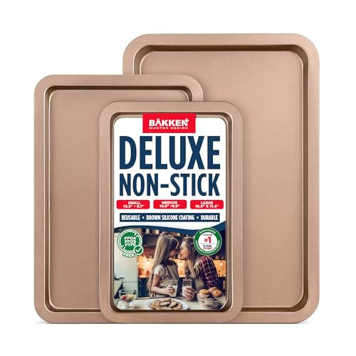 BAKKEN 3-Piece Kitchen Baking Pans - Small, Medium, and Large Cookie Pan, With Nonstick Coating, Stackable and Space-saving Design, PFOA, PFOS, PTFE Free, Oven Safe Tray (Up To 450°F), Brown | Amazon (US)