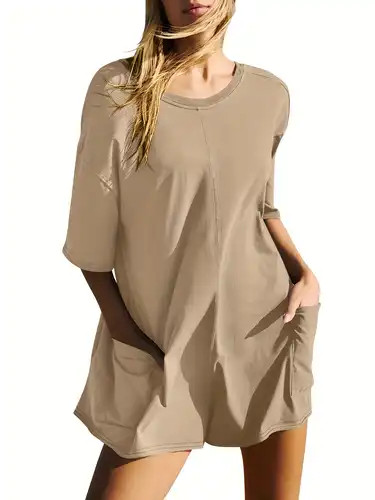 Solid Side Pockets Romper Jumpsuit Casual Crew Neck Short - Temu | Temu Affiliate Program