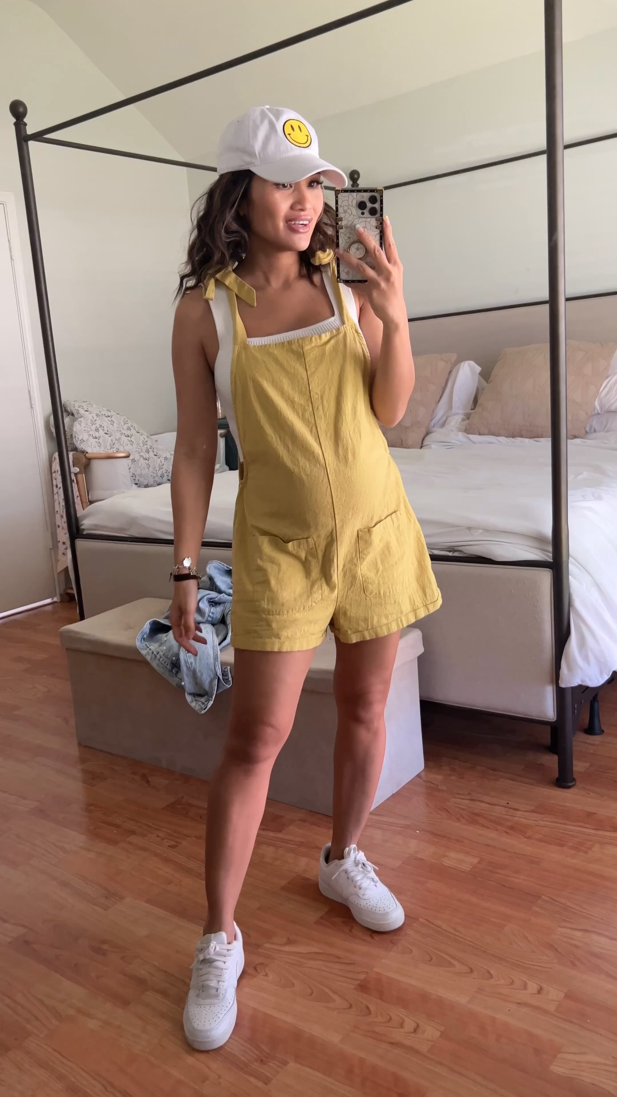 Bump friendly overalls, sized up to medium. White sneakers, smiley face cap, Amazon, SHEIN 

#LTKbump #LTKFind #LTKtravel