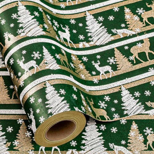 Yarcony Kraft Christmas Wrapping Paper, Green Wrapping Paper, Luxury Faux Sparkle Christmas Trees Reindeer Snowflake Heavy Duty Kraft Gift Wrap for Holidays, Winter Solstice (17 Inch X 33 Feet) | Amazon (US)