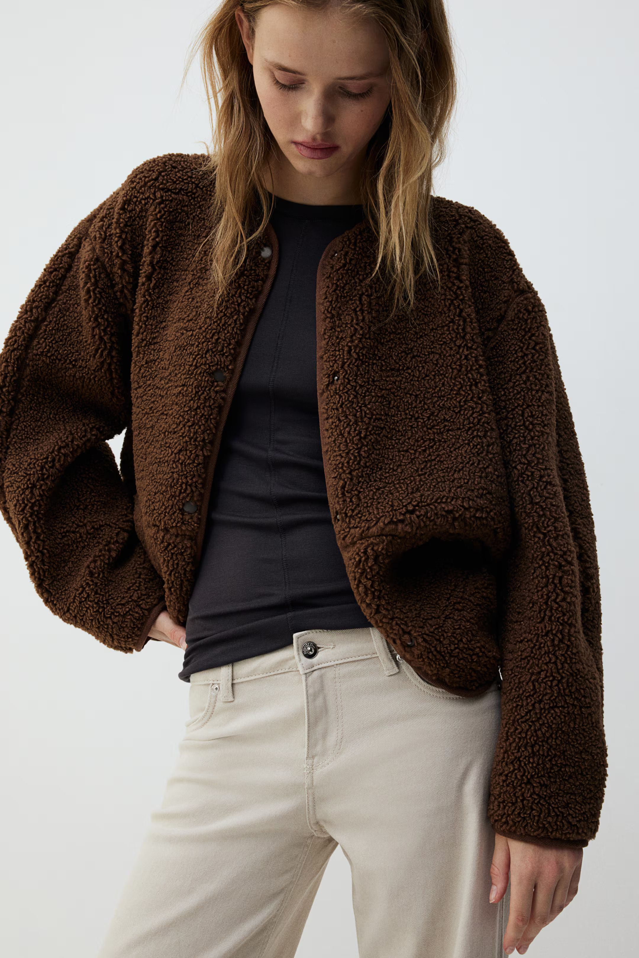 Teddy Fleece Jacket - Round Neck - Long sleeve - Dark brown - Ladies | H&M US | H&M (US + CA)