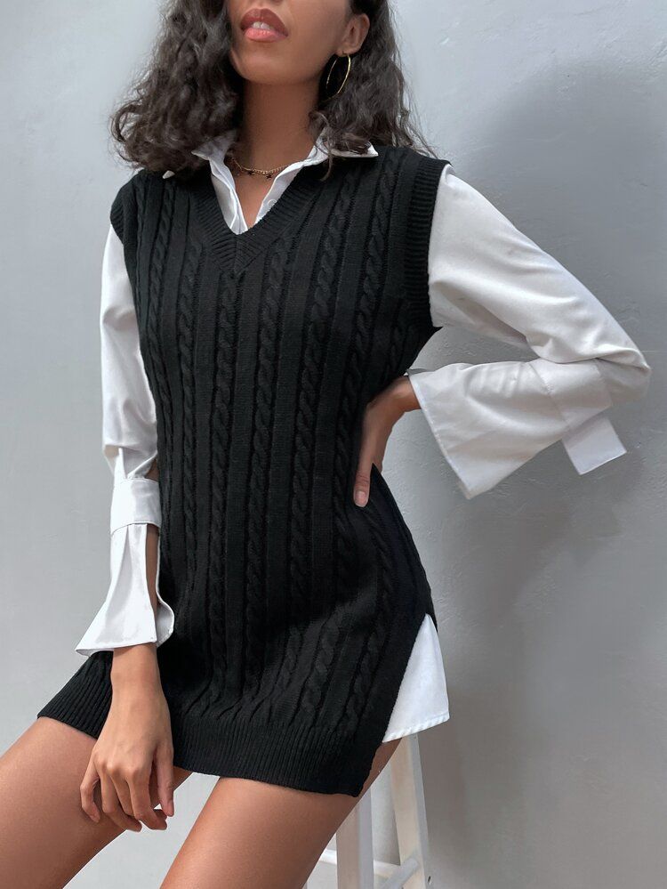 Cable Knit Split Hem Sweater Vest Without Blouse | SHEIN