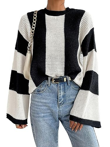 Verdusa Women's Colorblock Bell Sleeve Mock Neck Knit Sweater Pullover Top | Amazon (US)