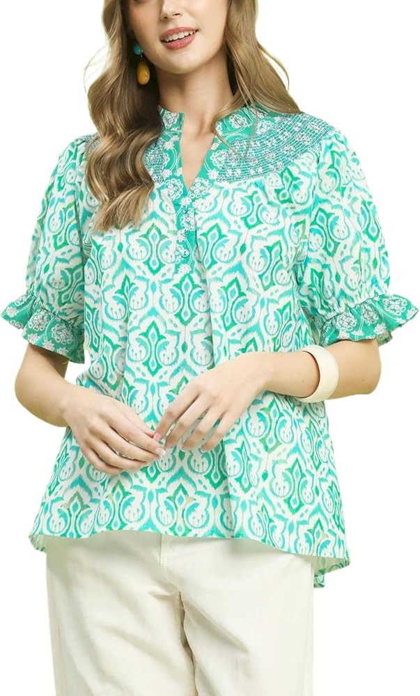 Women's Casual Geometric Print Blouse Half Sleeve Turquoise V-Neck | Amazon (US)