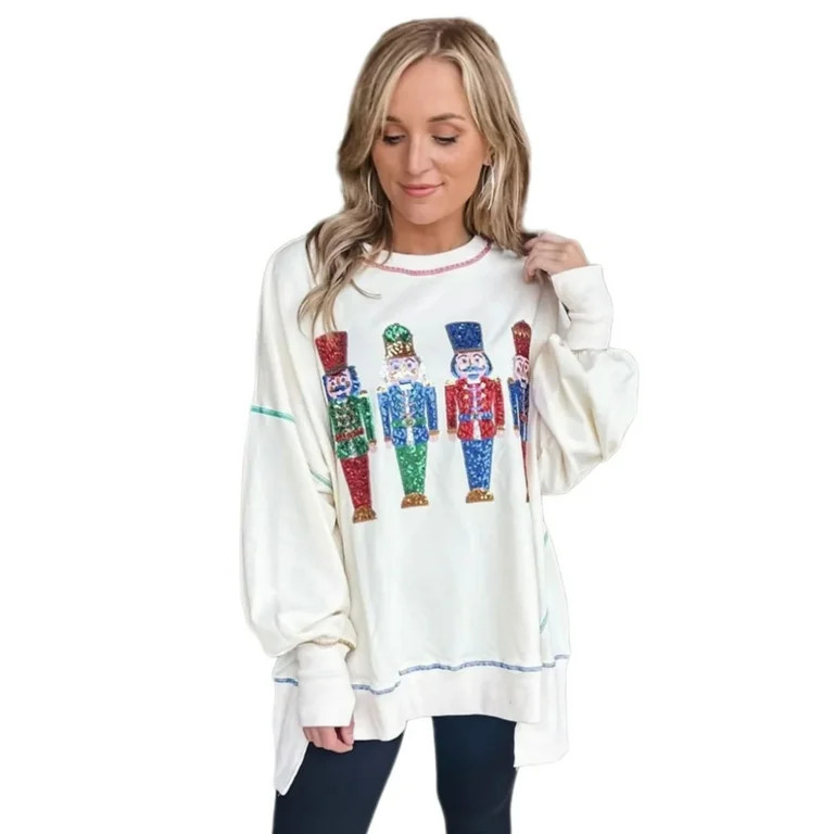 Women's Sequined Nutcrackers Christmas Sweatshirt Long Sleeve Oversized Sweater | Walmart (US)