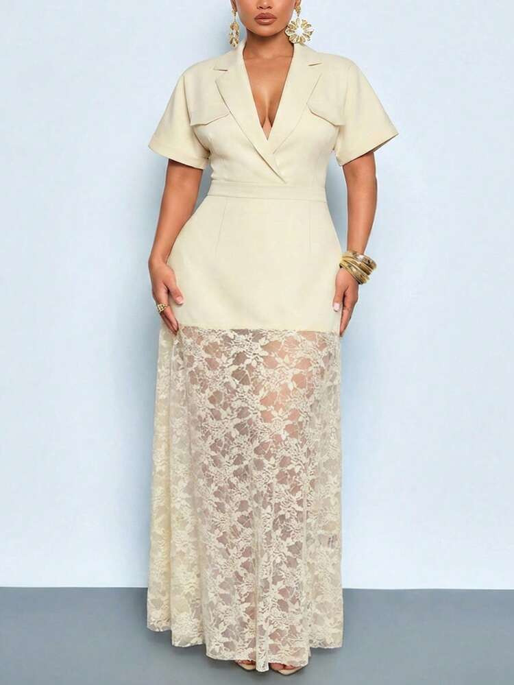 SOLERSUN Plus Size Women's Deep V-Neck Suit Collar Lace Splicing Elegant Short Sleeve Dress - Sui... | SHEIN