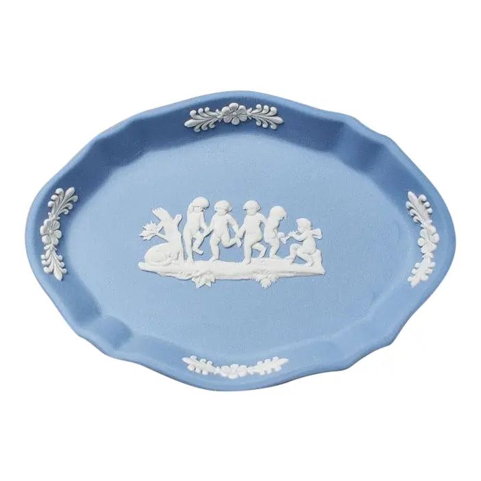 Oval Ceramic Jasper Vide Poche Ring Dish in Wedgwood Blue - England | Chairish