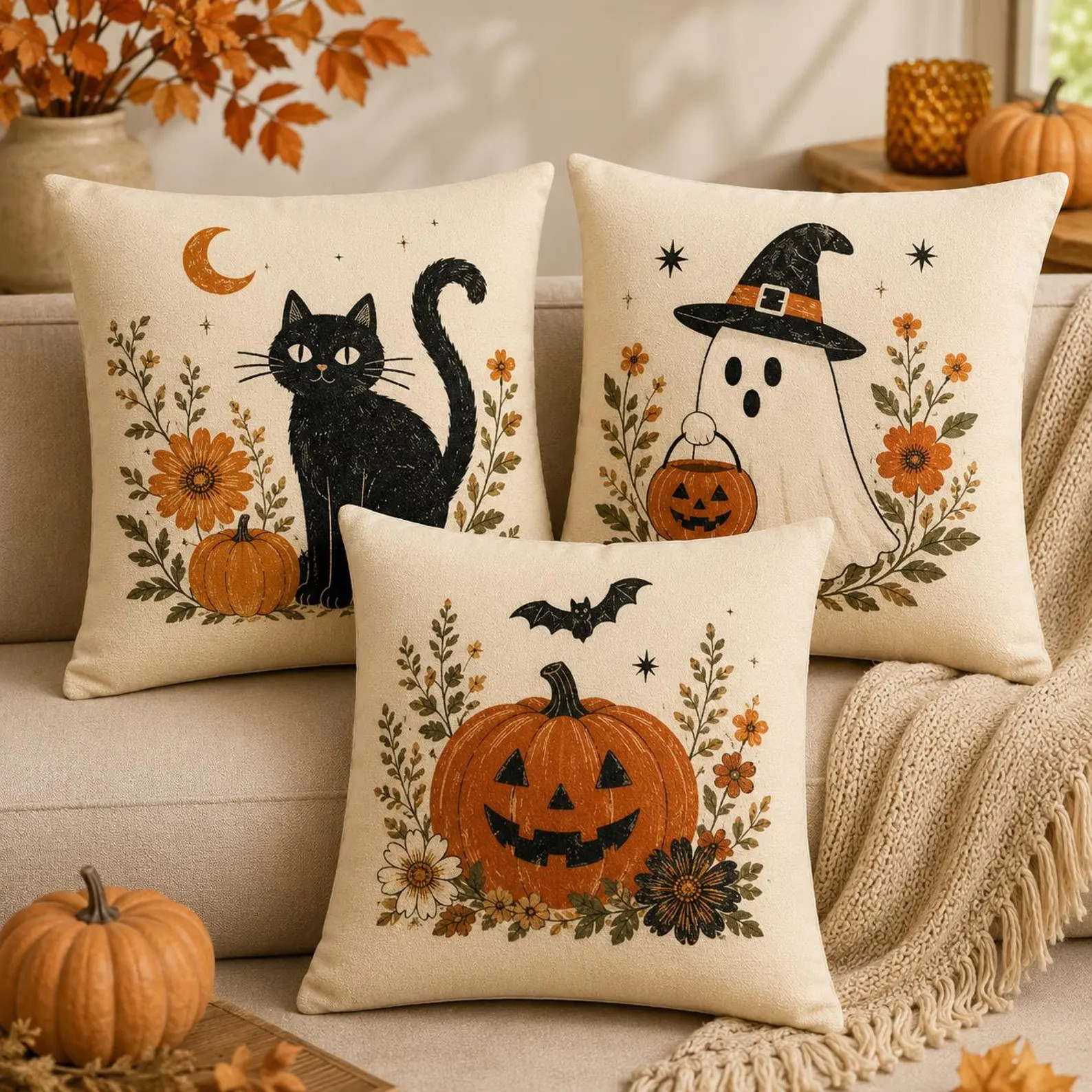Halloween Throw Pillow Set, Ghost Cat Pumpkin Pillow, Farmhouse Halloween Pillow, Neutral Spooky ... | Etsy (Global)