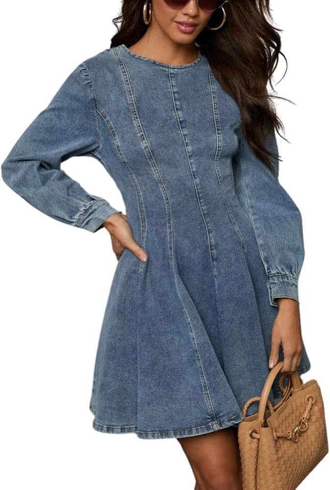 utcoco Women 2025 Fall Long Sleeve Denim Mini Dress Stretchy Slim Fit Ruffle Swing A Line Jean Dr... | Amazon (US)
