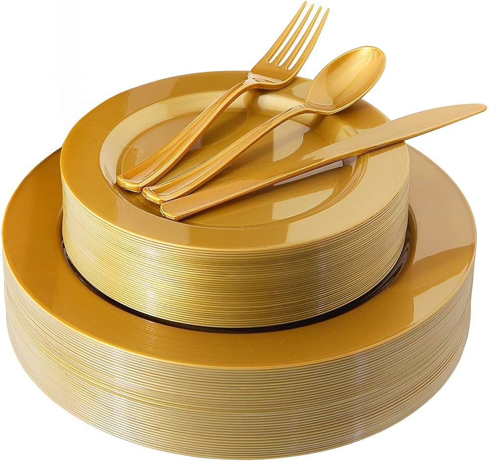 I00000 180 Pieces Gold Plastic Plates, Premium Heavyweight Gold Disposable Silverware Include: 36... | Amazon (US)