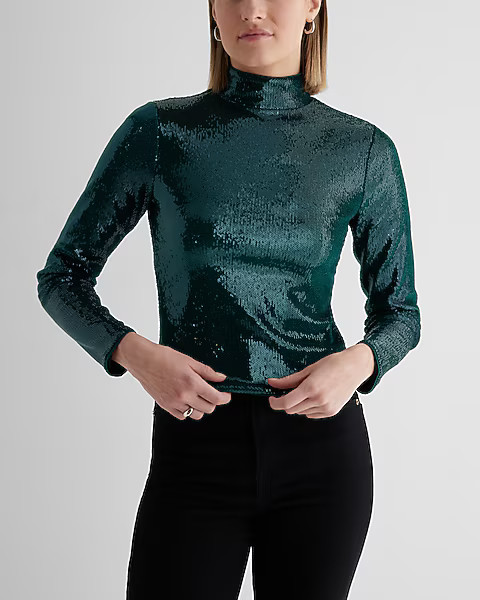Body Contour Sequin Mock Neck Long Sleeve Tee | Express
