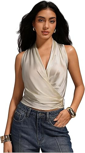 SHENHE Women's Satin Wrap Ruched Tie Side Tank Top Deep V Neck Sleeveless Elegant Blouse | Amazon (US)
