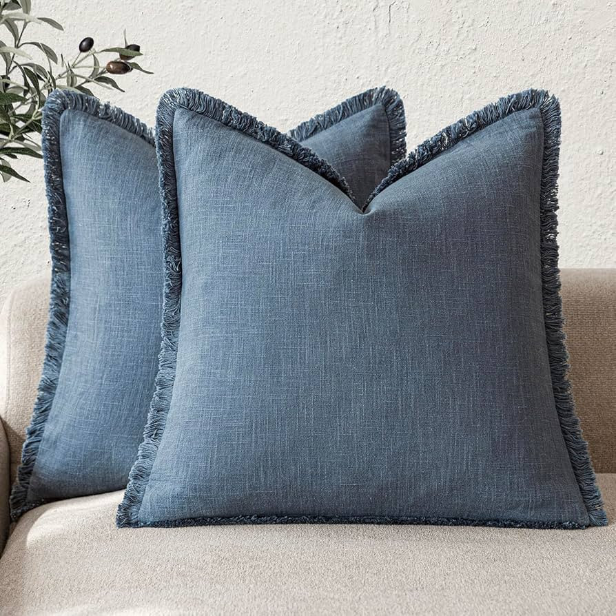 Foindtower Set of 2 Decorative Linen Fringe Throw Pillow Covers Cozy Farmhouse Cushion Cover with... | Amazon (US)