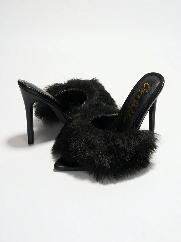 Women's  Faux Fur Heel Sandals - Single Pointy Toe Slip On Ultra High Heel For Special Events | SHEIN