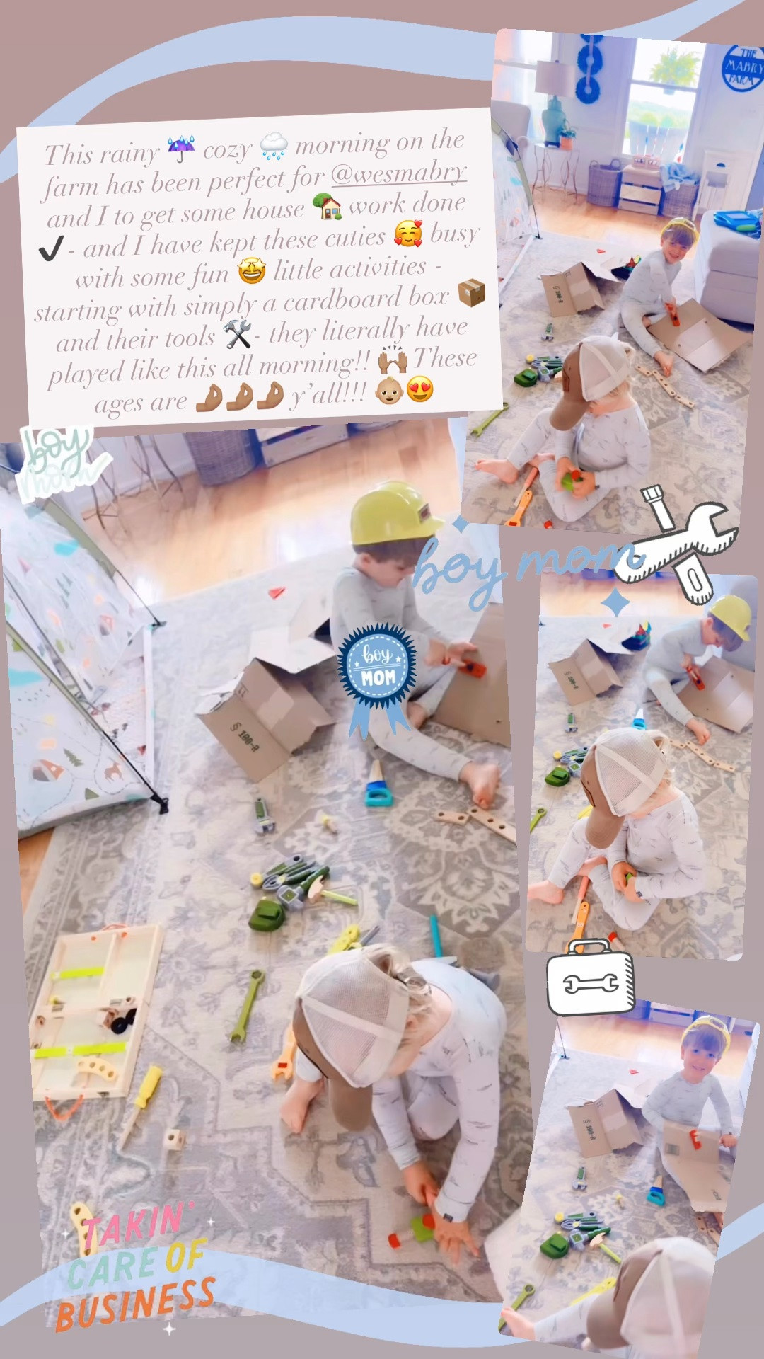 This rainy ☔️ cozy 🌧️ morning on the farm has been perfect for @wesmabry and I to get some house 🏡 work done ✔️- and I have kept these cuties 🥰 busy with some fun 🤩 little activities - starting with simply a cardboard box 📦 and their tools 🛠️- they literally have played like this all morning!! 🙌🏽 These ages are 🤌🏽🤌🏽🤌🏽 y’all!!! 👶🏼😍