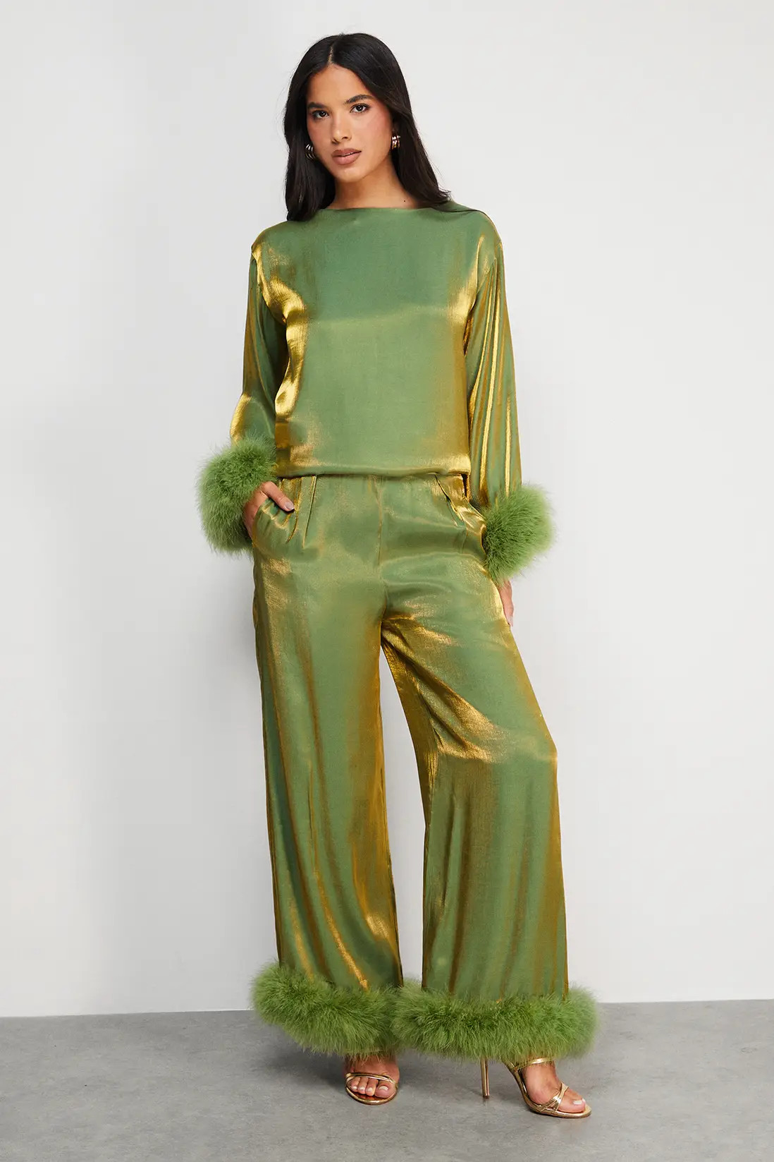 Premium Iridescent Feather Cuff Wide Leg Trousers | Nasty Gal US