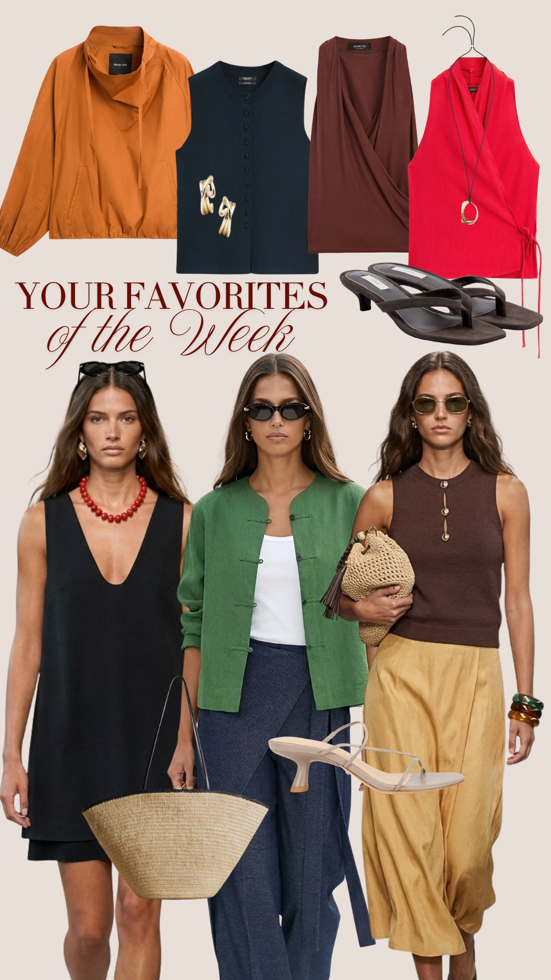 BESTSELLERS OF THE WEEK ✨ Your most loved summer pieces of the week ✨ TAGS: orange technical jacket, navy waistcoat, burgundy halter top, red haltertop,, green linen overshirt Massimo Dutti, brown suede sandals, black short dress Massimo Dutti, blue crossover trousers, yellow silk skirt, summer necklace, red necklace, golden earrings, raffia bag, neutral kitten heels sandals 

 #LTKootd #LTKOver40 #LTKWorkwear