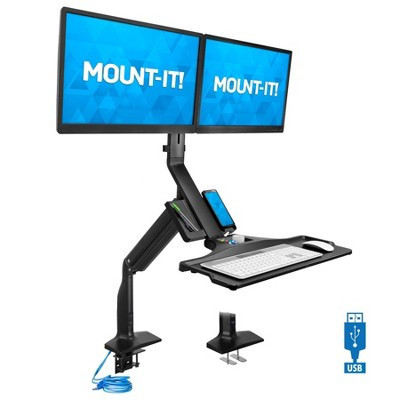 Mount-It! Height Adjustable Dual Monitor Sit Stand Desk Converter with Gas Spring Arm | 2 Integrated USB 3.0 Ports | C-Clamp and Grommet Base | Target