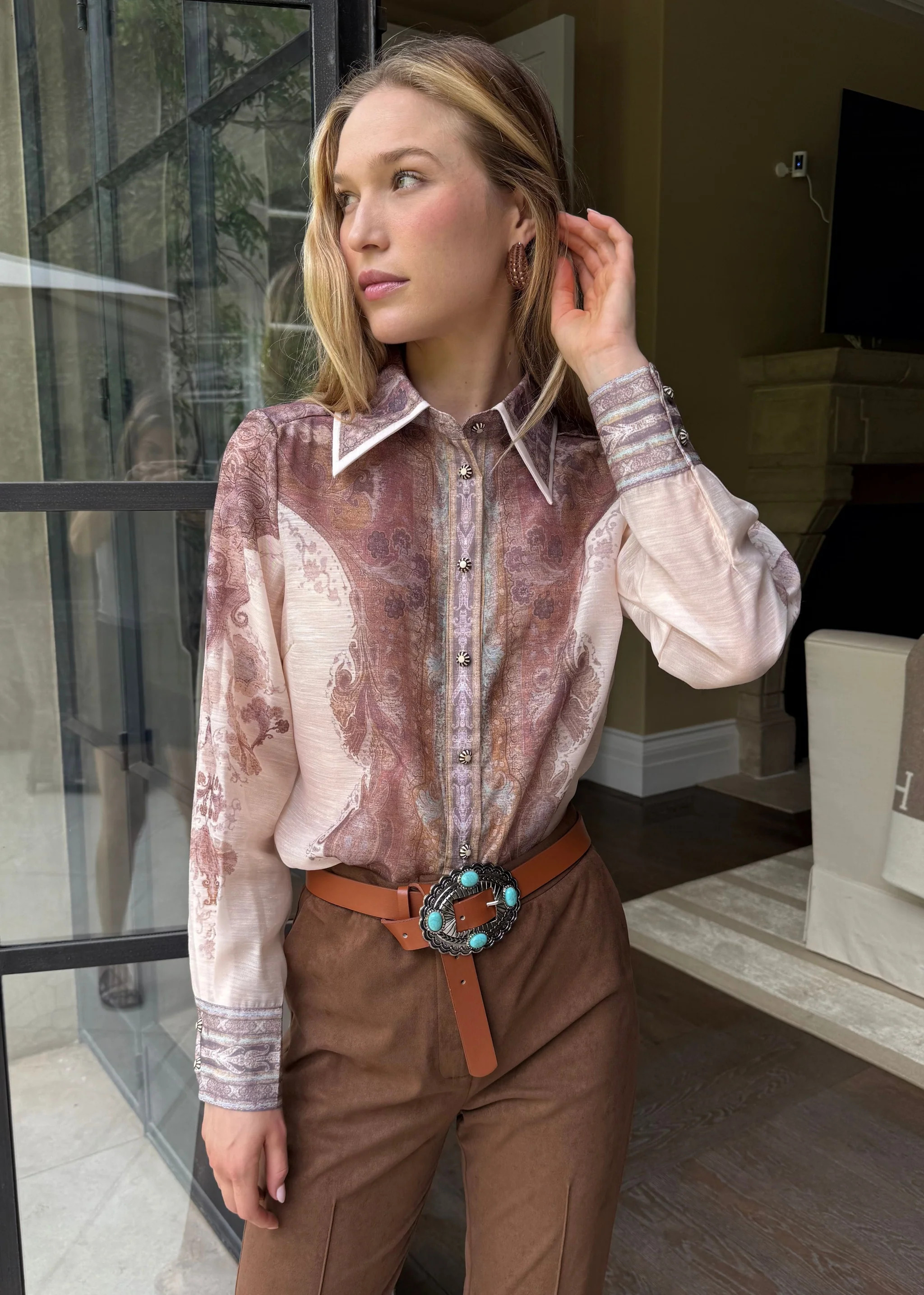 Katherine Long Sleeve Button Down Top - Pink and Brown | Benaar La