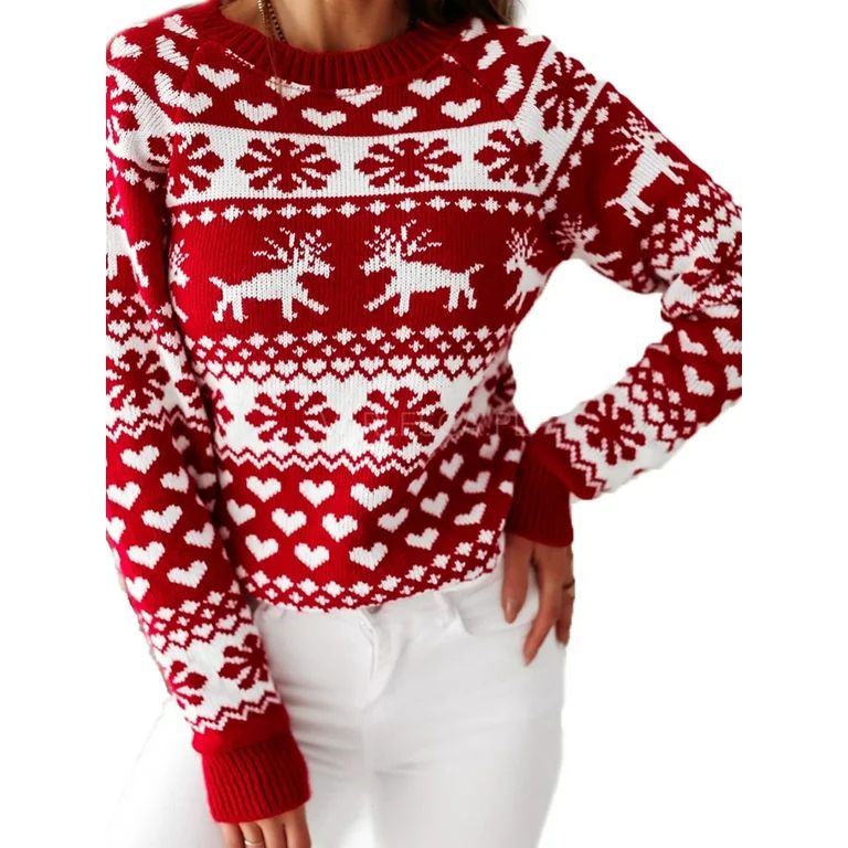 Female Sweater, Floral Print Round Neck Long Sleeve Knitted Sweater for Women, White/Red - Walmar... | Walmart (US)