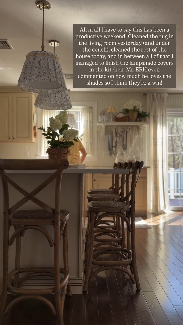 All in all I have to say this has been a productive weekend! Cleaned the rug in the living room yesterday (and under the couch), cleaned the rest of the house today, and in between all of that I managed to finish the lampshade covers in the kitchen. Mr. ERH even commented on how much he loves the shades so I think they’re a win!