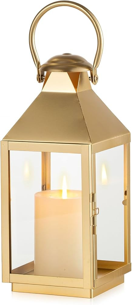 NUPTIO Gold Lanterns Decorative Indoor: 28.5cm Tall Metal Garden Lantern with Glass for Pillar Ca... | Amazon (UK)