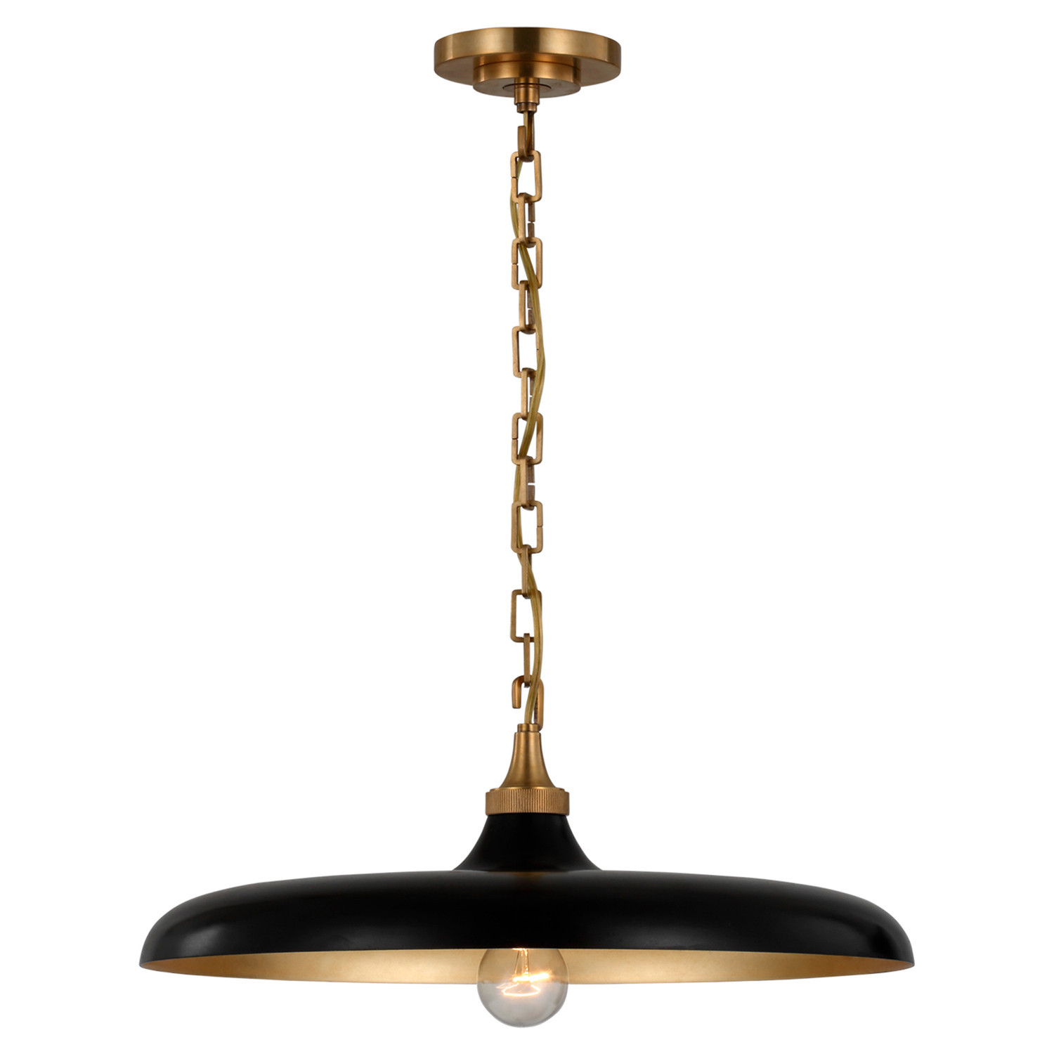 Visual Comfort Piatto Mid Century Antique Brass Aged Iron Shade Pendant - Medium | Kathy Kuo Home