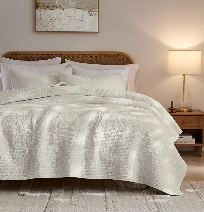 Striped Beige 100% Cotton Quilt King Size Bedding Sets, Lightweight Crinkly Channel Pick Stitch T... | Amazon (US)