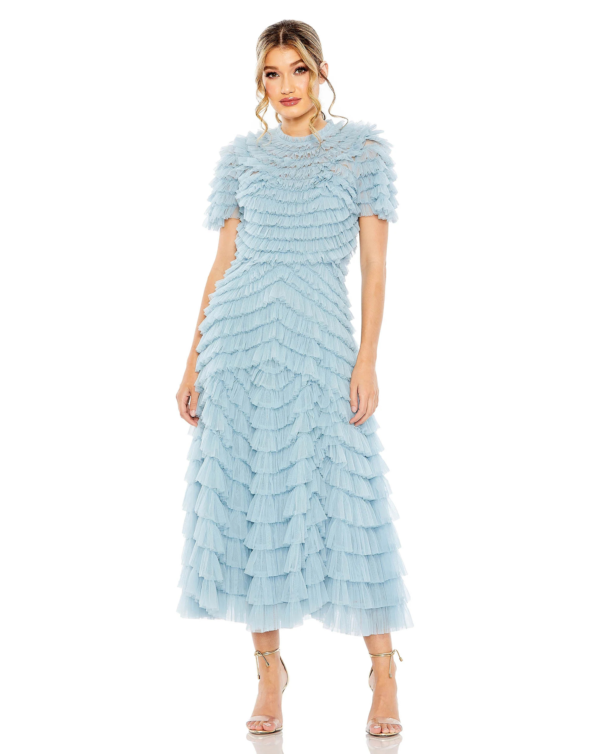 High Neck Short Sleeve Tiered Ruffle A Line Dress | Mac Duggal