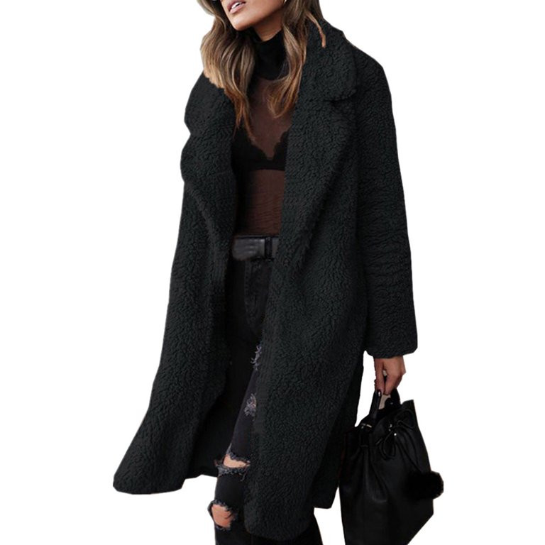 Womens Fluffy Teddy Bear Long Coat Warm Lapel Jacket Jumper Cardigan Outerwear - Walmart.com | Walmart (US)