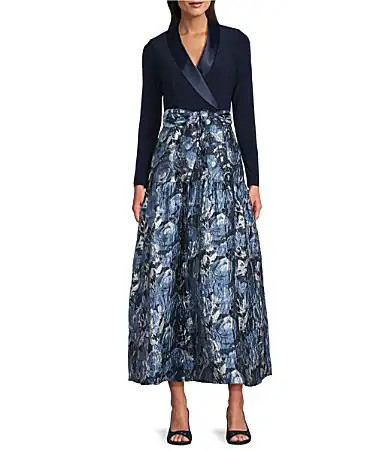 Adrianna Papell Floral Print Long Sleeve V-Neck Jersey Jacquard Tuxedo Dress - 16 | Dillard's