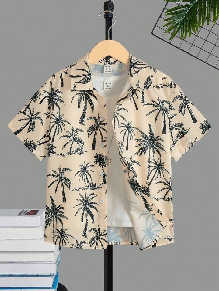SHEIN Tween Boy Casual And Comfortable Coconut Tree Patterned Shirt | SHEIN