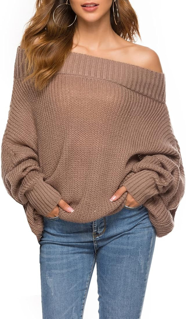 GOLDSTITCH Women's Off Shoulder Batwing Sleeve Loose Oversized Pullover Sweater Knit Jumper | Amazon (CA)