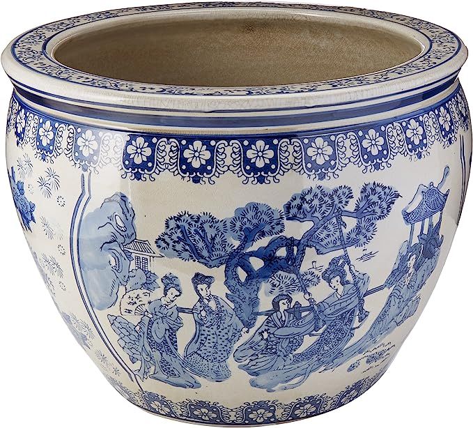 Oriental Furniture 16" Ladies Blue & White Porcelain Fishbowl | Amazon (US)