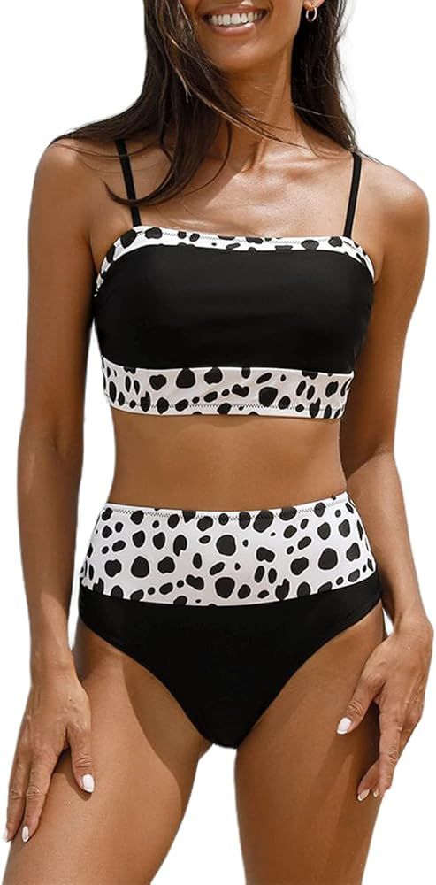 Hilinker Women's Leopard Print Spaghetti Strap Swimsuits Color Block High Waisted Bikini Set Leop... | Amazon (US)