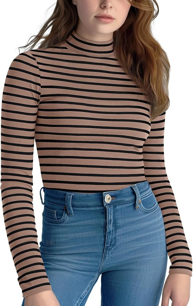 Zengjo Striped Turtleneck Women Long Sleeve Shirt - Fitted Ribbed Mock Neck Basic Layering Unders... | Amazon (US)
