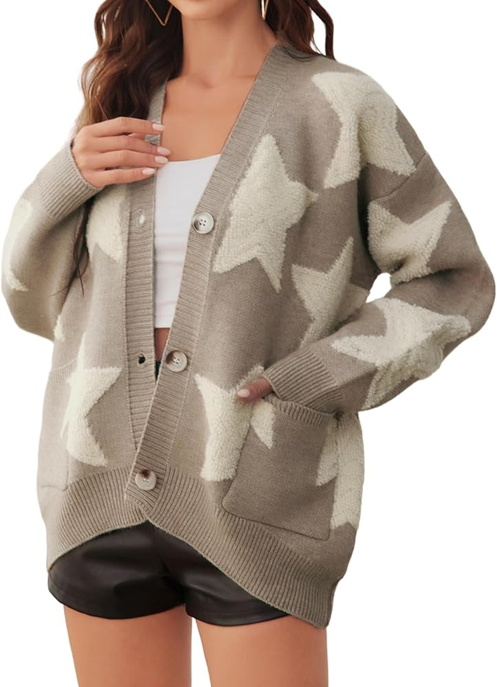 Women's Star Print Button Down V Neck Drop Shoulder Open Front Knit Cardigan Sweater | Amazon (US)