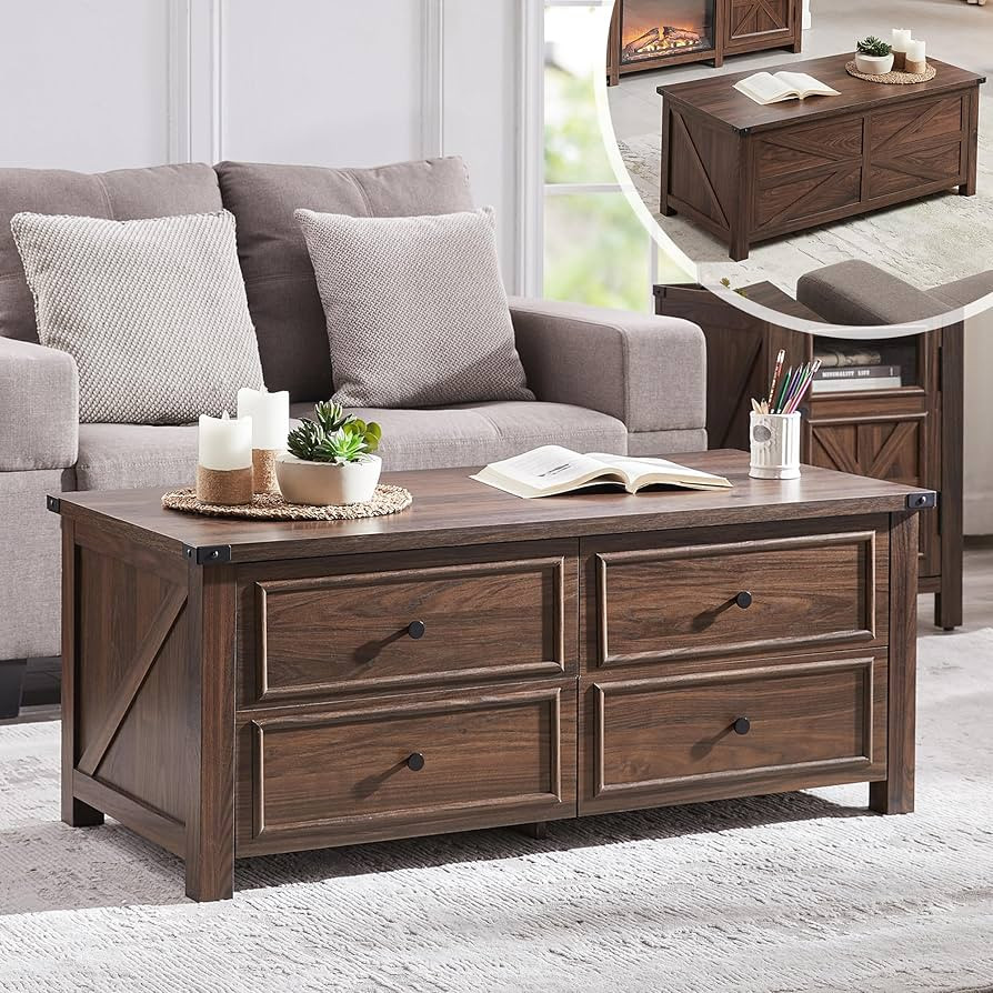 JXQTLINGMU 48" Coffee Table with 4 Large Storage Drawers, Modern Farmhouse Cocktail Table with Ba... | Amazon (US)