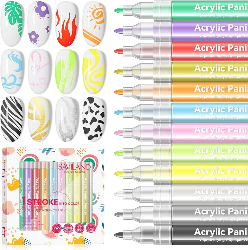 Saviland 12 Colors Nail Art Pens Set - 3D Nail Polish Pens Acrylic Paint Pens Nail Markers for Na... | Amazon (US)
