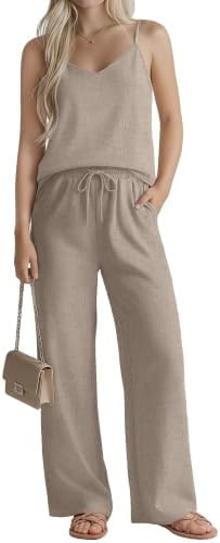 Womens Linen Sets 2 Piece Outfits Summer Camisole Tank Top with Drawstring Wide Leg Pants Casual ... | Amazon (US)