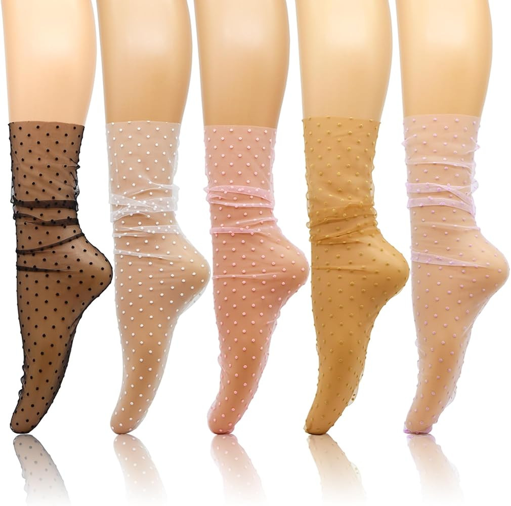 Women Sheer Lace Socks Little Polka Dot Decorated Tulle Fashion See Through Transparent Slouch Me... | Amazon (US)