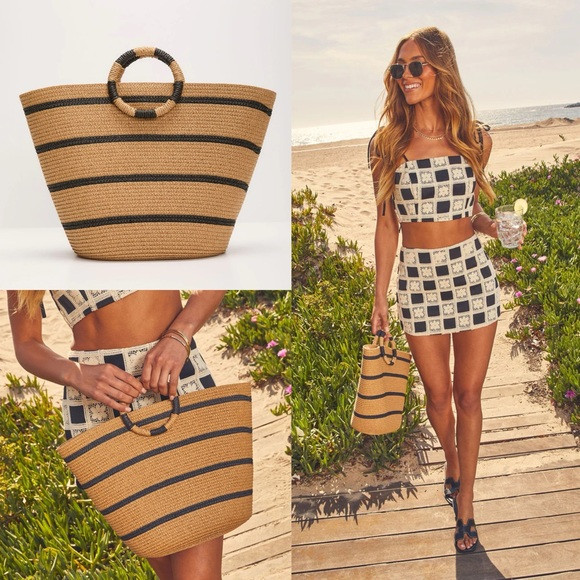 Natural/Black Striped Woven Tote Bag | Poshmark
