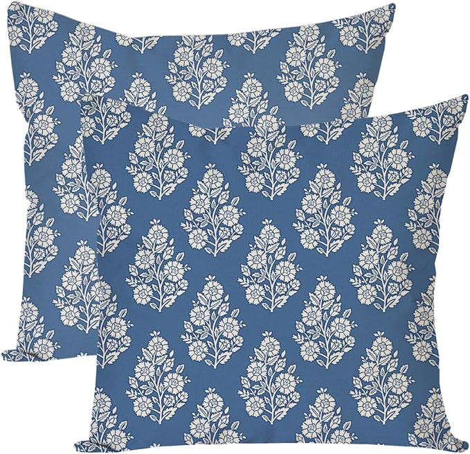 Blue and White Floral Block Print Decorative Throw Pillow Covers 18x18 Inch Set of 2 Vintage Outd... | Amazon (US)