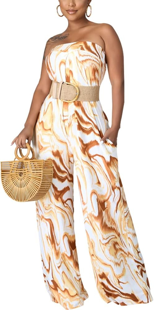 FairyLove Women's Strapless Tube Top Rompers Casual Off Shoulder Printed Sleeveless Belted Wide L... | Amazon (US)