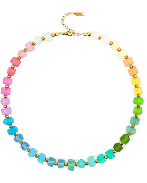 Chunky Beaded Necklace for Women - Handmade Recycled Glass, 18K Gold Plated or Silver Toned Stain... | Amazon (US)