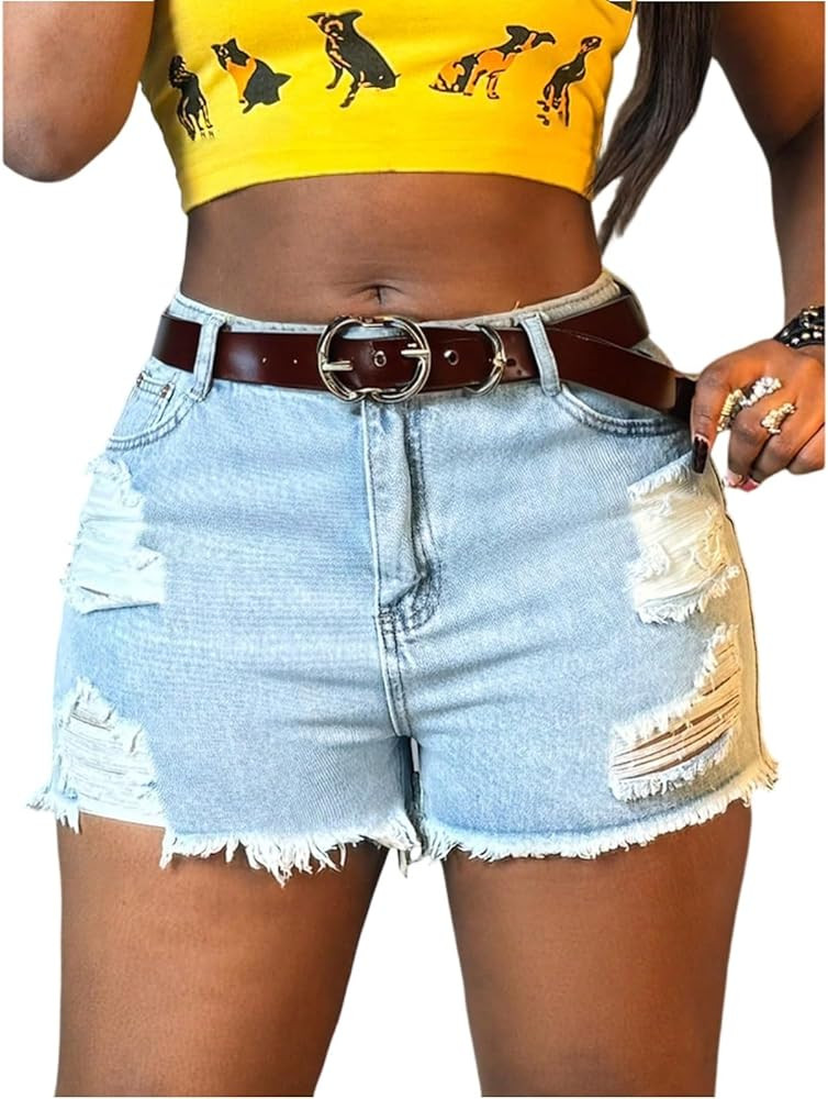 Jean Shorts Womens Summer Comfy Ripped Distressed Blue Short Jean Shorts with Pockets Ladies West... | Amazon (US)