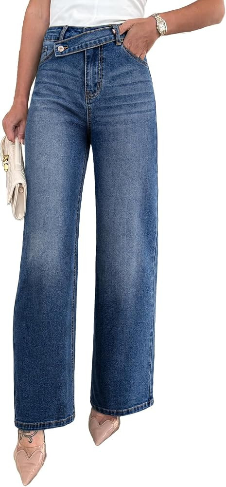 EVALESS Jeans for Women Trendy 2025 Overlap Waist Straight Wide Leg Stretchy Denim Pants | Amazon (US)